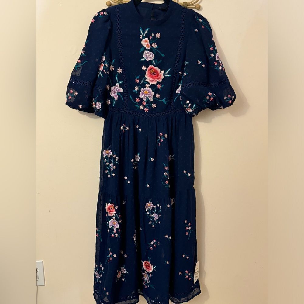 ASOS DESIGN High Neck Floral Embroidered Midi Dress Lace Trim Navy 6 NEW